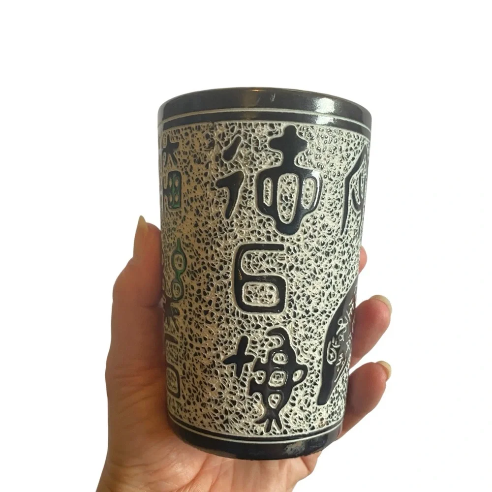 Vintage Midcentury Black and White Artistic Vase Japan Sgrafitto